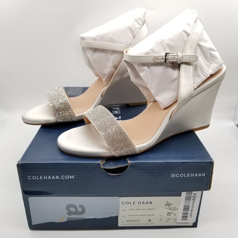 Cole Haan Women Josie Wedge Heel Sandals Sz 8.5 B White Satin Embellished Party